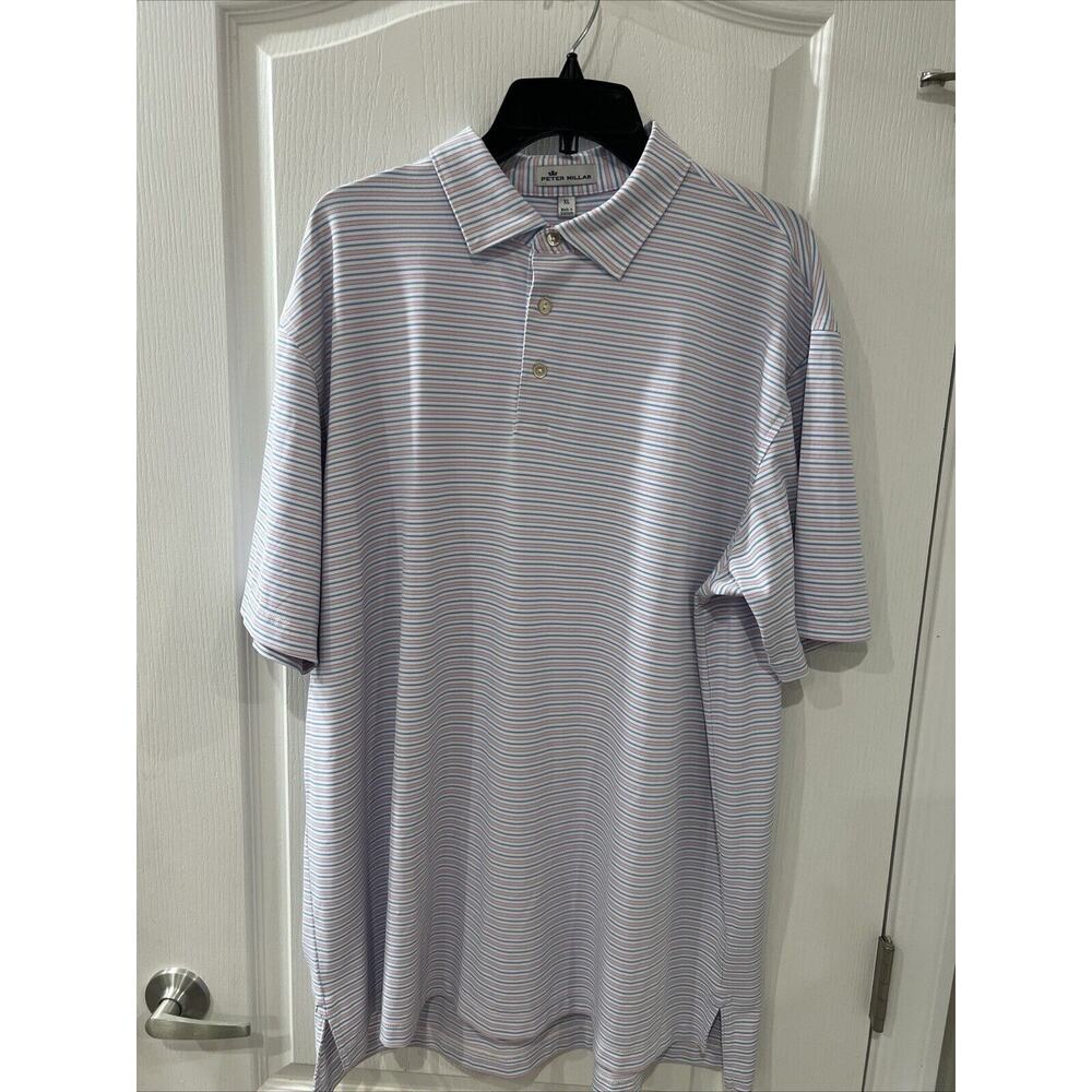 Peter Millar Polo Shirt Men's X Large Blue And Pink Striped Golf Stretch